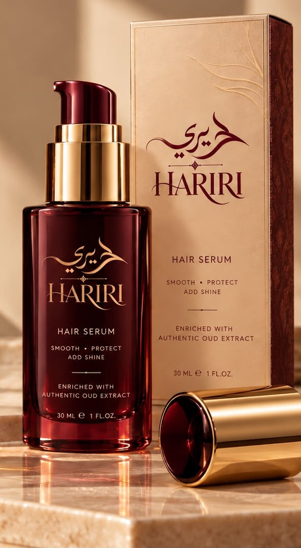 Hariri Oud Hair Serum, glass pump bottle with ivory box