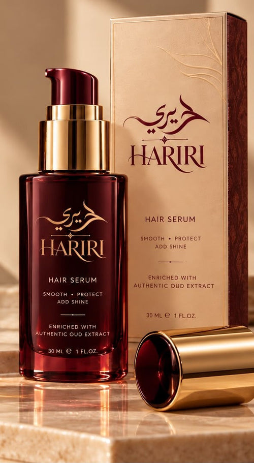 Hariri Oud Hair Serum, glass pump bottle with ivory box